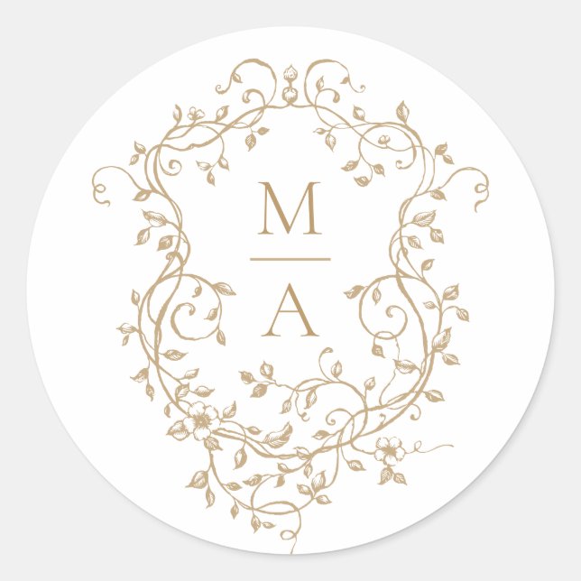 Gold Classic Floral Crest Monograms Classic Round Sticker (Front)