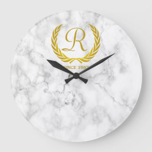 Gold Classic Monogram Laurel Leaf White Marble Large Clock