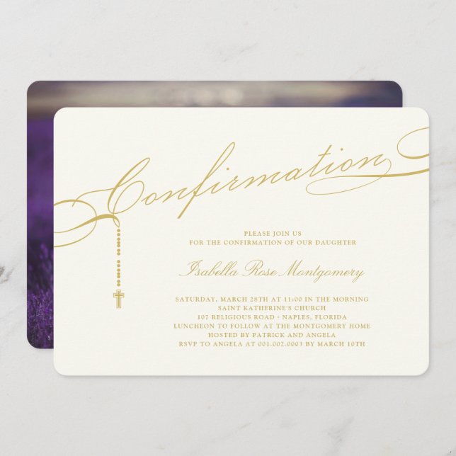 Gold Classic Script Rosary Confirmation Religious Invitation (Front/Back)