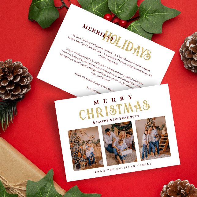 Gold Classic Stylish Luxurious Christmas 3 Photos Holiday Card (Classic Stylish Luxurious Christmas 3 Photos Collage in Red and Fake Gold Holiday Card with Envelope)