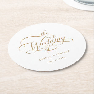 Gold Classy Calligraphy Wedding Round Paper Coaster