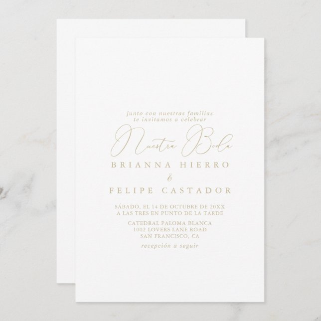 Gold Classy Chic Minimalist Nuestra Boda Wedding   Invitation (Front/Back)