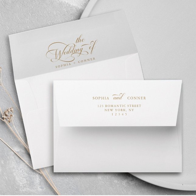 Gold Classy Pre-Printed Return Address 5x7 Envelope (Back & Inside)