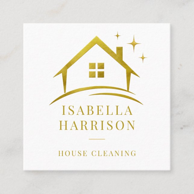 Gold Cleaning Service House QR Code Square Business Card (Front)