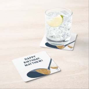 Gold Club and Ball Personalized Golfers Birthday Square Paper Coaster