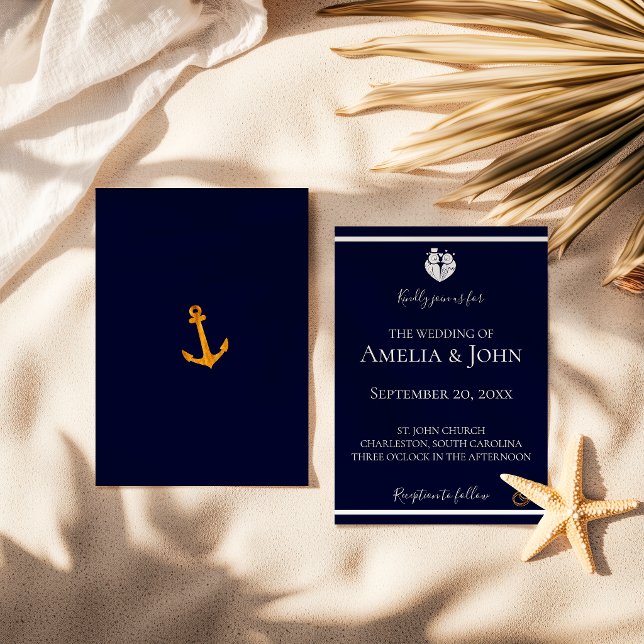 Gold Coastal Navy Blue Nautical Wedding Invitation (Creator Uploaded)