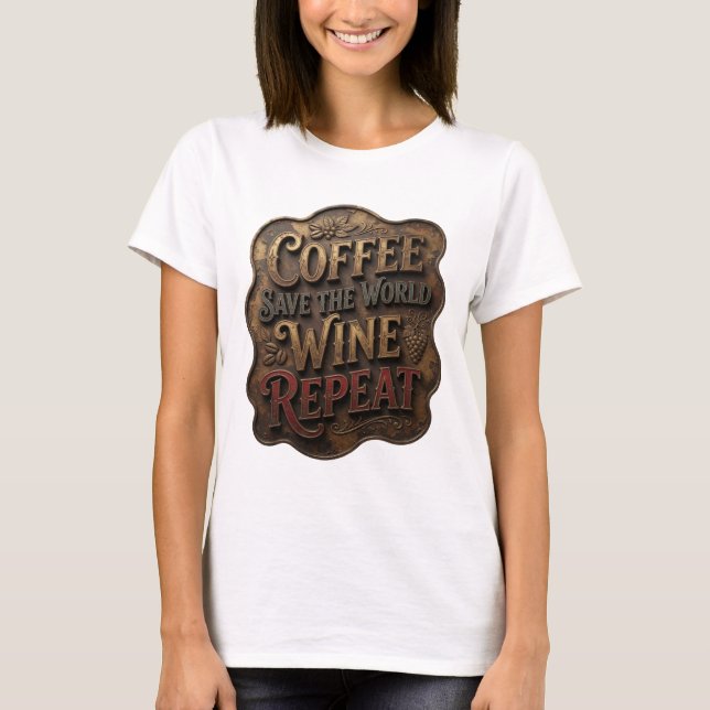 Gold COFFEE SAVE THE WORLD WINE REPEAT Tee (Front)