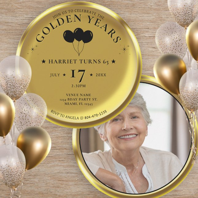 Gold Coin Golden Years Photo 65th Birthday Party Invitation (Gold Coin Golden Years Photo 65th Birthday Party Invitation)
