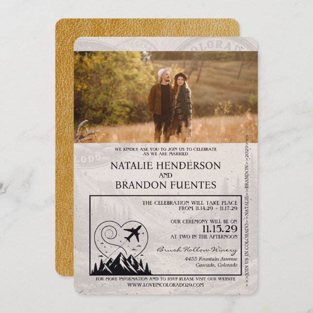 Gold Colorado Passport Wedding Invitation (Front/Back)