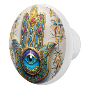 Gold Colorful Filigree Blue-Green Third Eye Hamsa Ceramic Knob