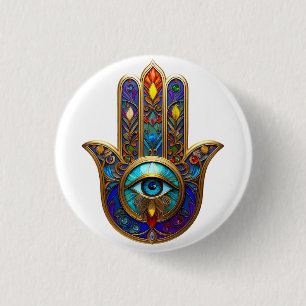 Gold Colorful Hamsa Turquoise Sapphire Third Eye 3 Cm Round Badge