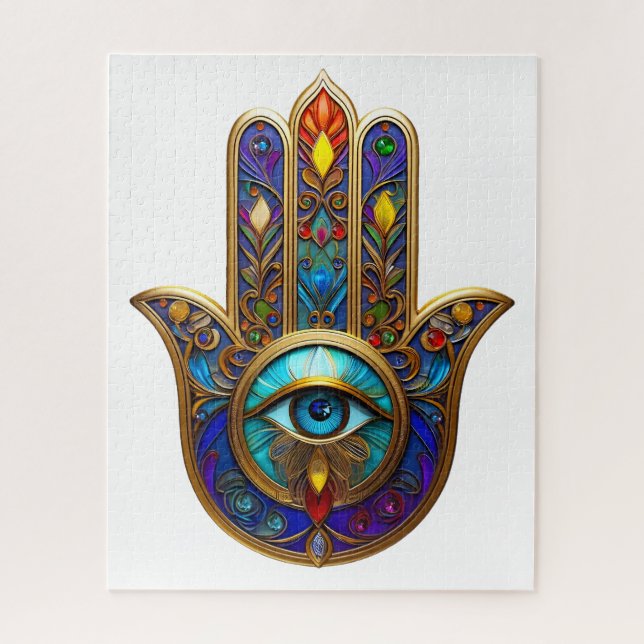 Gold Colorful Hamsa Turquoise Sapphire Third Eye  Jigsaw Puzzle (Vertical)