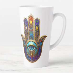 Gold Colorful Hamsa Turquoise Sapphire Third Eye  Latte Mug