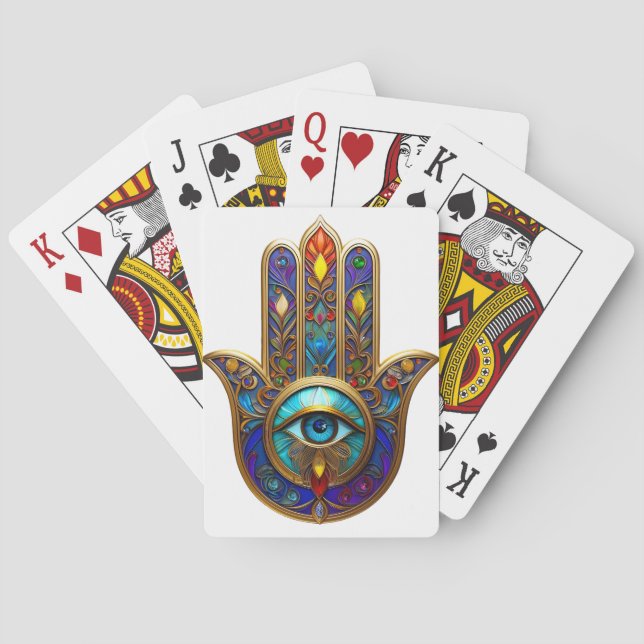 Gold Colorful Hamsa Turquoise Sapphire Third Eye  Playing Cards (Back)