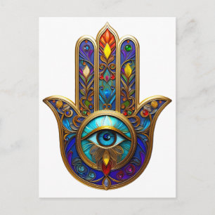 Gold Colorful Hamsa Turquoise Sapphire Third Eye Postcard
