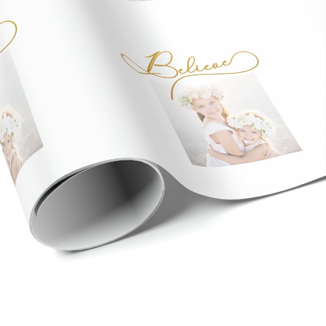Gold Colour Believe Script with Photo Christmas Wrapping Paper (Roll Corner)