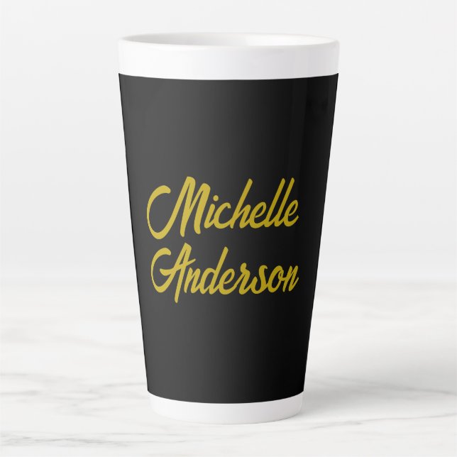 Gold Colour Black Modern Minimalist Handwrite Name Latte Mug (Front)