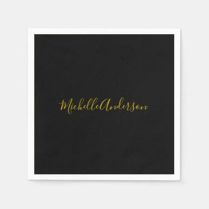 Gold Colour Black Modern Minimalist Handwrite Name Napkin