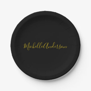 Gold Colour Black Modern Minimalist Handwrite Name Paper Plate