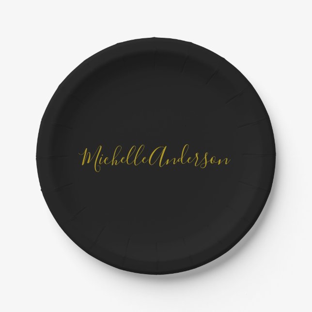 Gold Colour Black Modern Minimalist Handwrite Name Paper Plate (Front)
