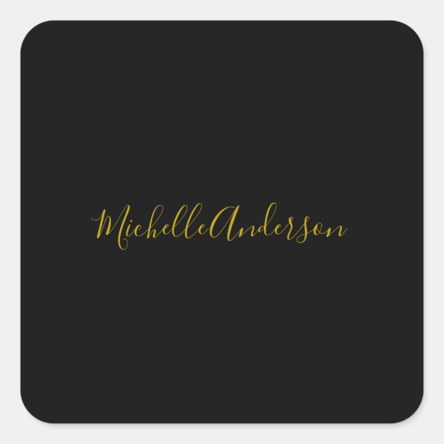 Gold Colour Black Modern Minimalist Handwrite Name Square Sticker (Front)