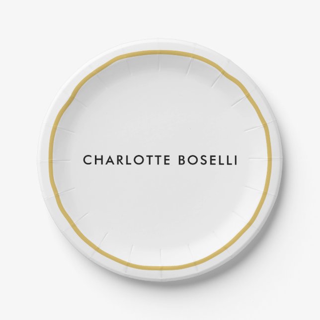 Gold Colour Borders White Minimalist Professional  Paper Plate (Front)