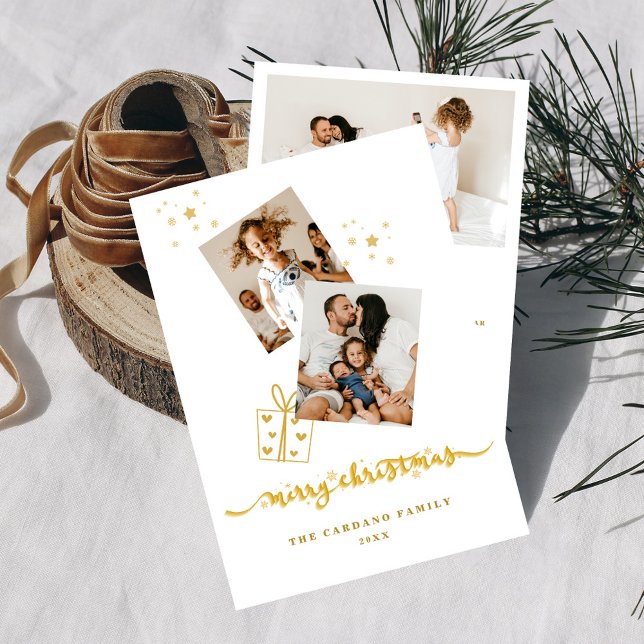 Gold Colour Merry Christmas Photo Collage Holiday Card (Creator Uploaded)