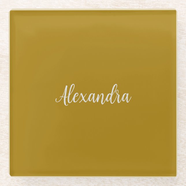 Gold Colour Minimalist Plain Add Name Calligraphy  Glass Coaster (Front)