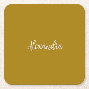 Gold Colour Minimalist Plain Add Name Calligraphy  Square Paper Coaster