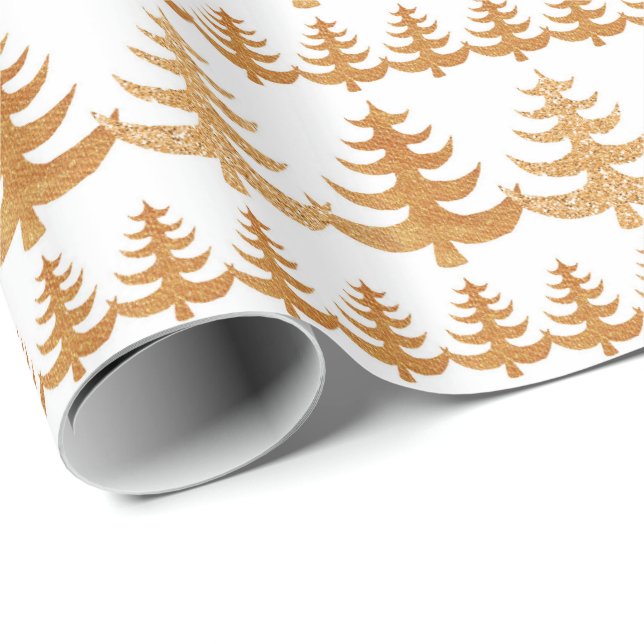 Gold Colour Modern Christmas Tree Watercolor Wrapping Paper (Roll Corner)