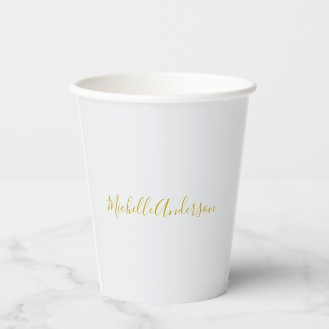 Gold Colour Modern Minimalist Handwriting Name Paper Cups (Front)
