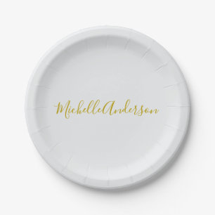 Gold Colour Modern Minimalist Handwriting Name Paper Plate