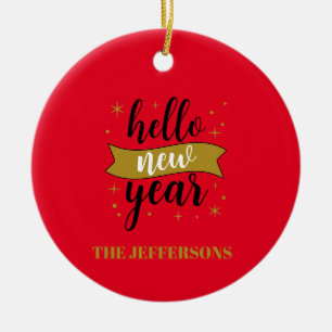 Gold Colour Red Happy New Year Merry Christmas Ceramic Tree Decoration