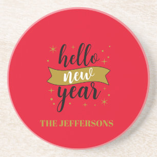 Gold Colour Red Happy New Year Merry Christmas Coaster