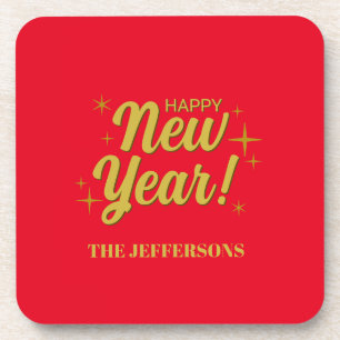 Gold Colour Red Happy New Year Merry Christmas Coaster
