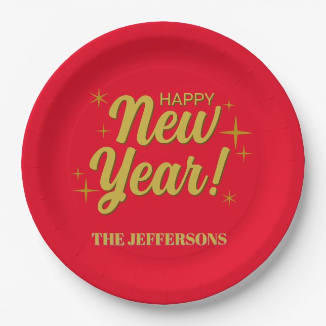 Gold Colour Red Happy New Year Merry Christmas Paper Plate (Front)