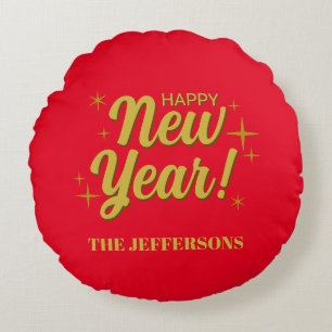 Gold Colour Red Happy New Year Merry Christmas Round Cushion