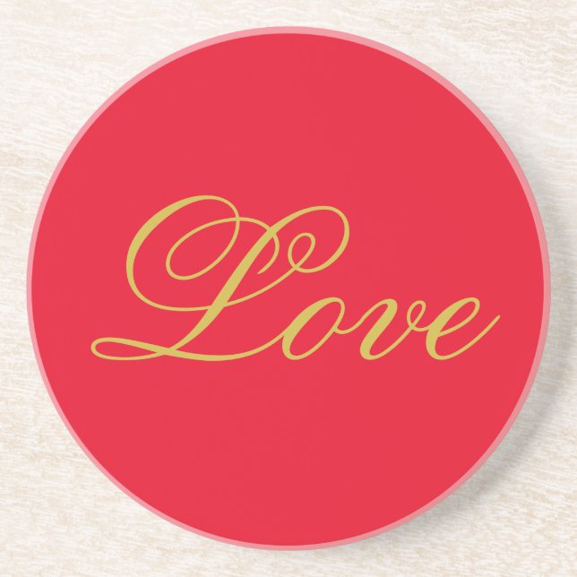 Gold Colour Script Red Love Wedding Calligraphy Coaster (Front)