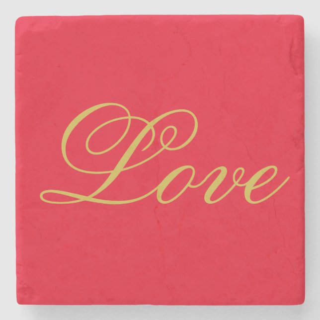 Gold Colour Script Red Love Wedding Calligraphy Stone Coaster (Front)