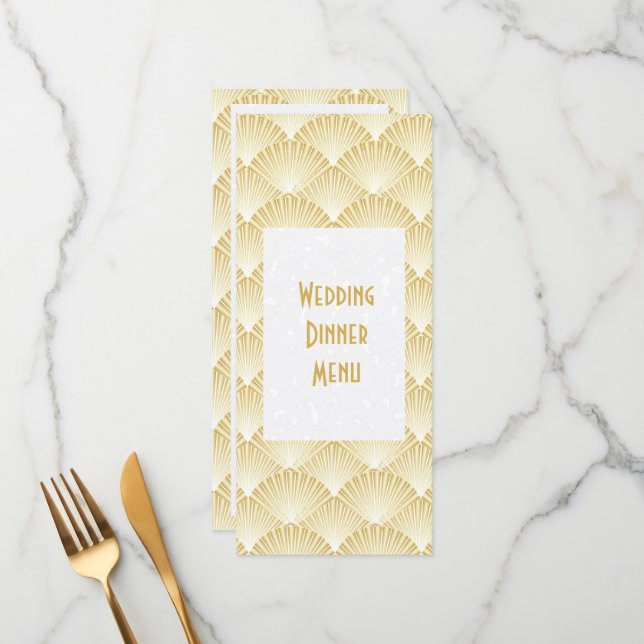 Gold Coloured Art Deco Design Wedding Dinner Menu (Front/Back In Situ)