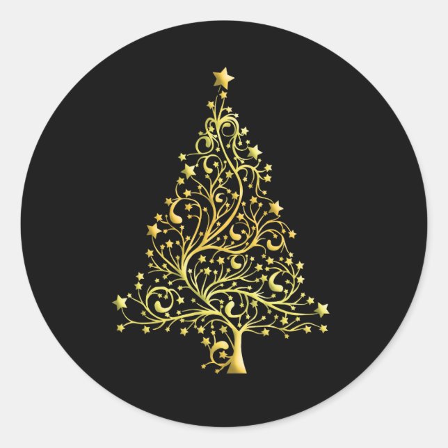Gold-Coloured Christmas Tree Classic Round Sticker (Front)