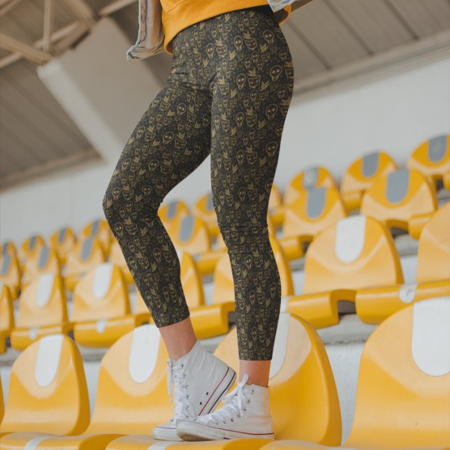 Gold Coloured Day of the Dead Sugar Skulls Black  Leggings (Creator Uploaded)