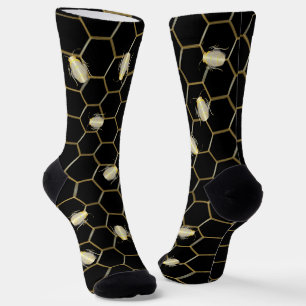 Gold Coloured Honey Bee Honeycomb Design Black  Socks