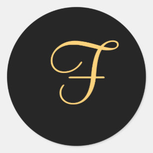 Gold-coloured initial "F" on black monogram sticke Classic Round Sticker