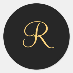 Gold-coloured initial R on black monogram  round Classic Round Sticker