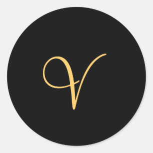 Gold-coloured initial V on black monogram  round Classic Round Sticker