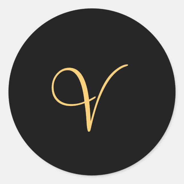 Gold-coloured initial V on black monogram  round Classic Round Sticker (Front)