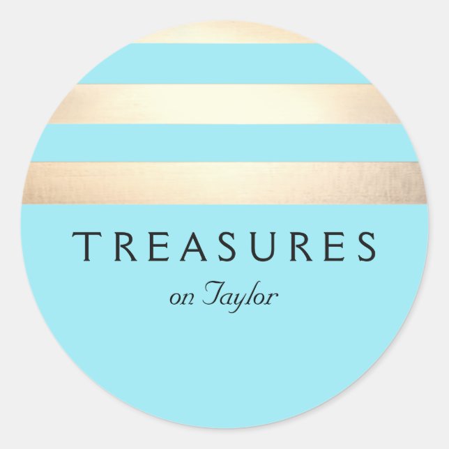 Gold Coloured Striped Modern Turquoise Blue Classic Round Sticker (Front)