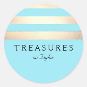 Gold Coloured Striped Modern Turquoise Blue Classic Round Sticker