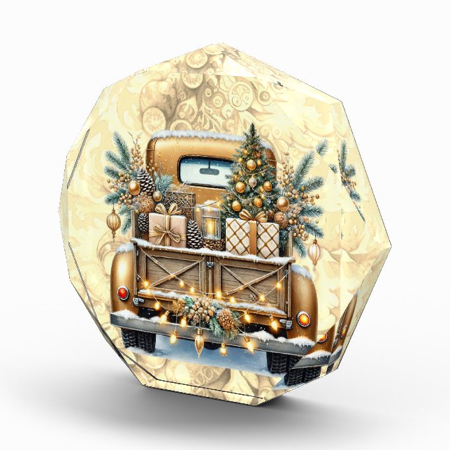 Gold Coloured Vintage Truck Merry Christmas Photo Block (Right)